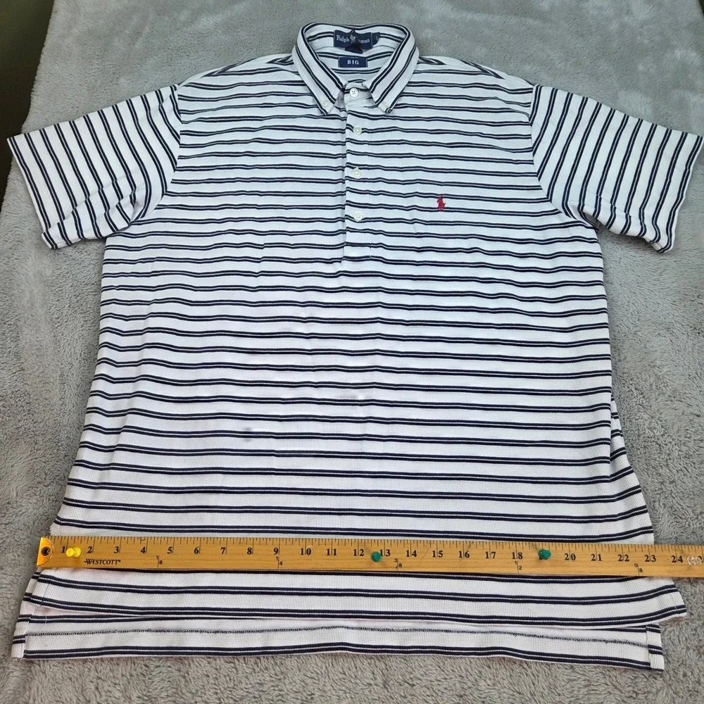 Ralph Lauren Polo Shirt Mens L Big Waffle Knit Striped Button Down White Navy